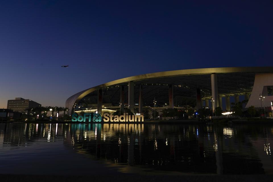 SoFi Stadium stands Friday, Feb. 4, 2022, in Inglewood, Calif. The stadium is the site of Super Bowl 56, scheduled to be played Feb. 13. (AP Photo/Morry Gash)