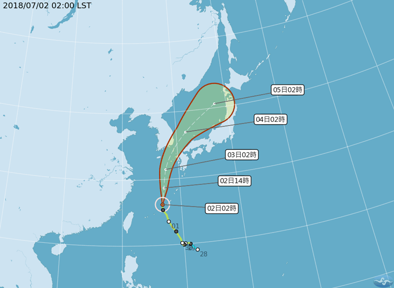 颱風巴比侖路徑潛勢預報圖。（取自中央氣象局網站）