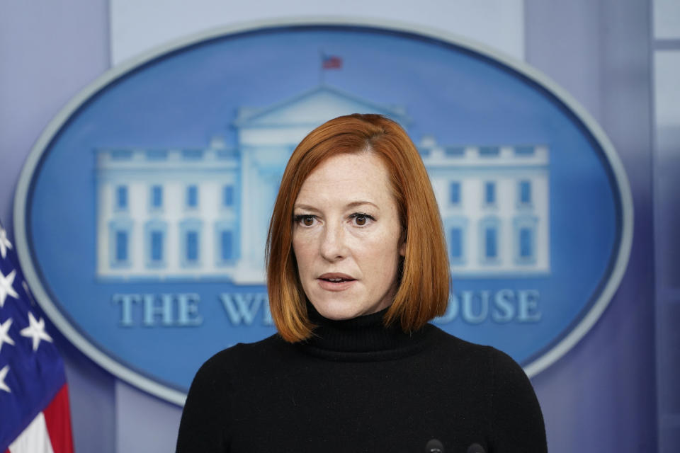 FILE - White House press secretary Jen Psaki speaks during the daily briefing at the White House in Washington, Wednesday, Dec. 1, 2021. China and the United States are tussling over President Joe Biden's upcoming democracy summit, which the ruling Communist Party sees as a challenge to its authoritarian system. (AP Photo/Susan Walsh, File)