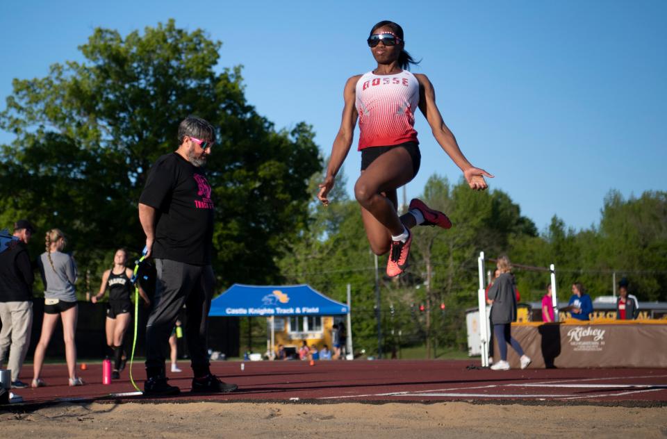 Bosse’s Alexia Smith soars in the long jump competition during the 2023 Southern Indiana Athletic Conference Girls Track & Field meet at Central High School in Evansville, Ind., Wednesday, May 3, 2023.