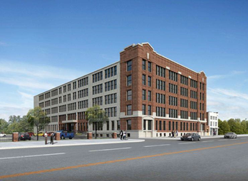 A rendering of Gateway on Broadway, 1405 W. Broadway, shows the adaptive reuse project that will turn a long-vacant former candy factory into apartments for seniors with low incomes.