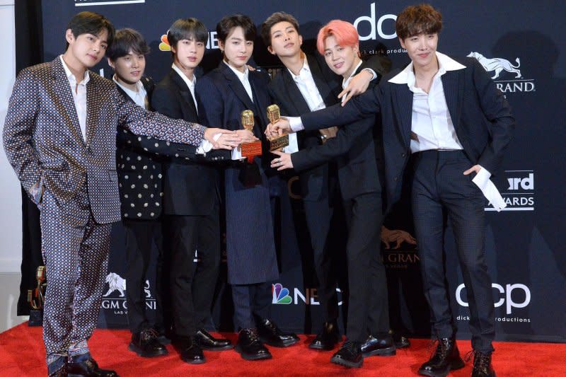 BTS members, from left to right, V, Suga, Jin, Jung-kook, RM, Jimin and J-Hope appear backstage after winning the award for Top Duo Group and Top Social Artist during the Billboard Music Awards at the MGM Grand Garden Arena in Las Vegas in 2019. File Photo by Jim Ruymen/UPI