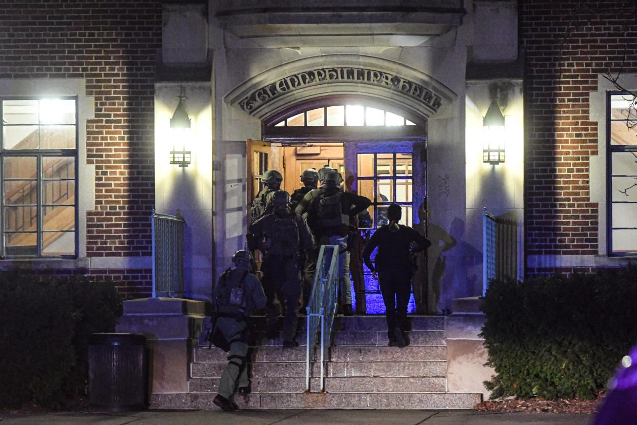 First responders enter Phillips Hall on the campus of Michigan State University Monday evening, Feb. 13, 2023, as the campus was locked down after a shooting on campus.
