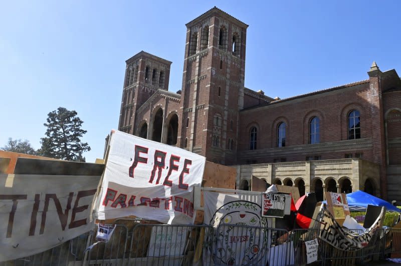 A pro-Palestinian encampment is seen Sunday in the shadow of Royce Hall on UCLA's campus. "Physical altercations" broke out over the weekend when pro-Israeli activists held a counter rally in proximity of the encampment. Photo by Jim Ruymen/UPI