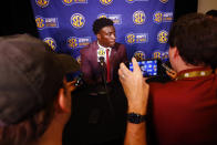 Alabama linebacker Dylan Moses speaks to reporters during the NCAA college football Southeastern Conference Media Days, Wednesday, July 17, 2019, in Hoover, Ala. (AP Photo/Butch Dill)