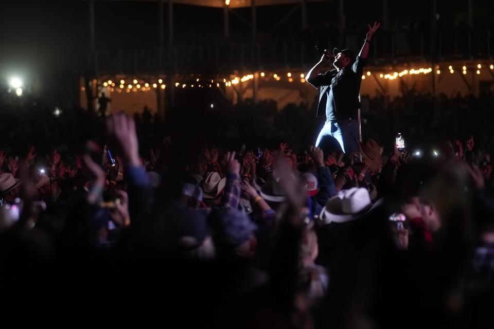 Luke Bryan performs with his band at the Country Thunder music festival near Florence on April 14, 2023.