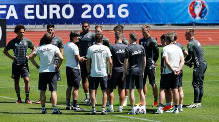 Football Soccer - Euro 2016 - Germany Training - Stade Camille Fournier, Evian-Les-Bains, France - 27/6/16 - Germany's coach Joachim Loew and players during training. REUTERS/Denis Balibouse