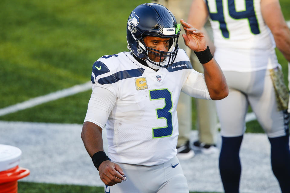 Seattle Seahawks quarterback Russell Wilson (3) reacts during the second half of an NFL football game against the Buffalo Bills Sunday, Nov. 8, 2020, in Orchard Park, N.Y. (AP Photo/John Munson)