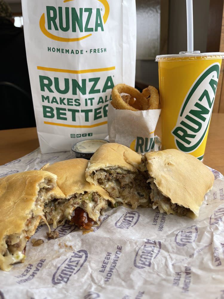 beef runza and onion rings from Runza