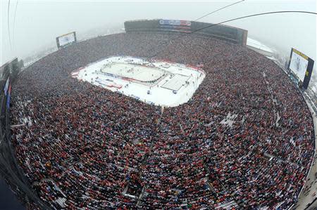 A general view from the roof of Michigan Stadium during the 2014 Winter Classic hockey game between the Detroit Red Wings and the Toronto Maple Leafs. Mandatory Credit: Noah Graham/NHLI/Pool Photo via USA TODAY Sports