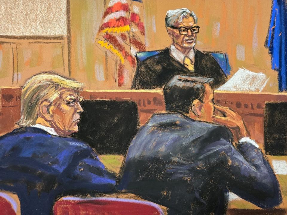 A courtroom sketch depicts Justice Juan Merchan instructing jurors on May 29 while Donald Trump and attorney Todd Blanche watch from the defense table. (REUTERS)