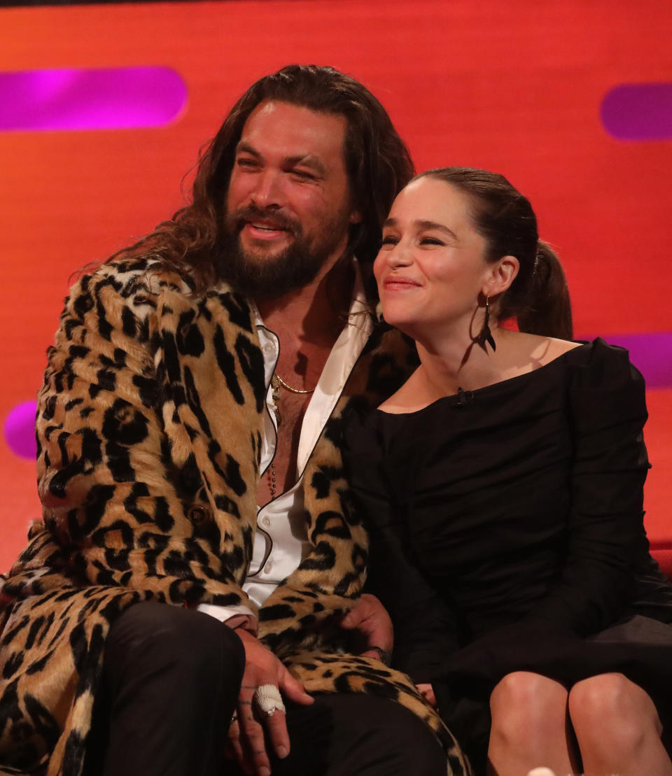 Jason Momoa and Emilia Clarke during the filming for the Graham Norton Show at BBC Studioworks 6 Television Centre, Wood Lane, London, to be aired on BBC One on Friday evening. (Photo by Isabel Infantes/PA Images via Getty Images)