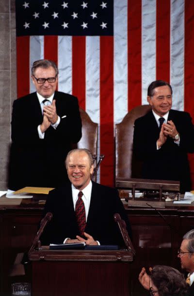 PHOTO: President Gerald Ford begins his State of the Union address to Congress, at the U.S. Capitol in Washington, D.C., on Jan. 15, 1975. In the background are Vice President Nelson Rockefeller and Speaker of the House Carl Albert. (Bettmann Archive via Getty Images, FILE)