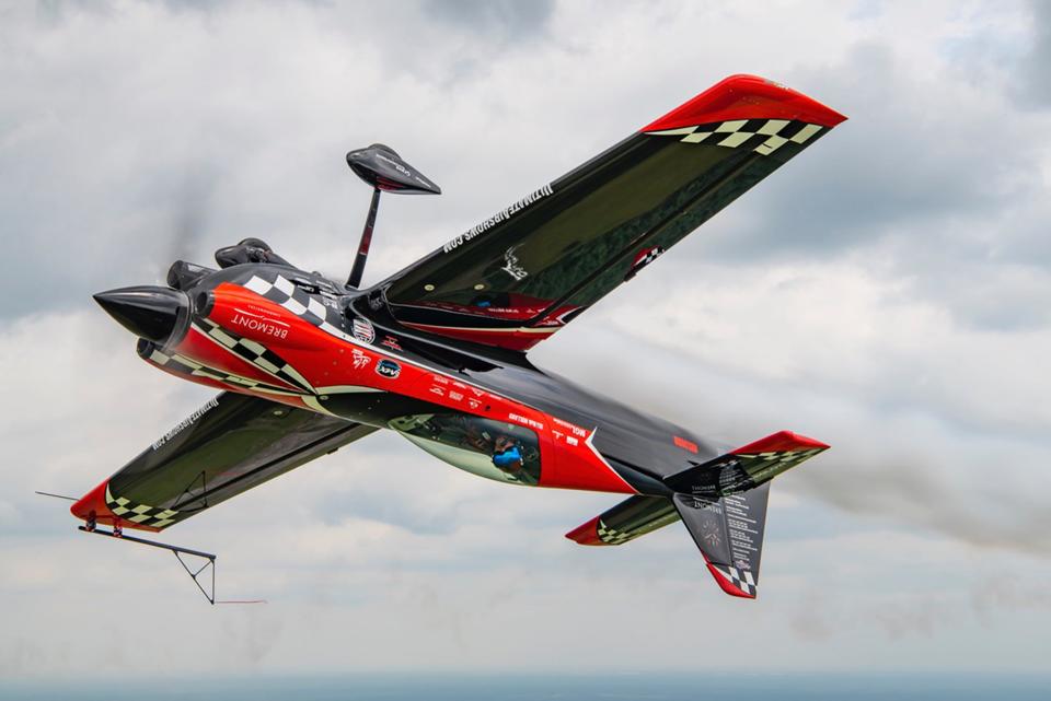 Rob Holland at the controls of his MXS-RH, a single seat aircraft built specifically for the kind of aerobatic flying that he will do as part of the Hampton Beach Seafood Festival.