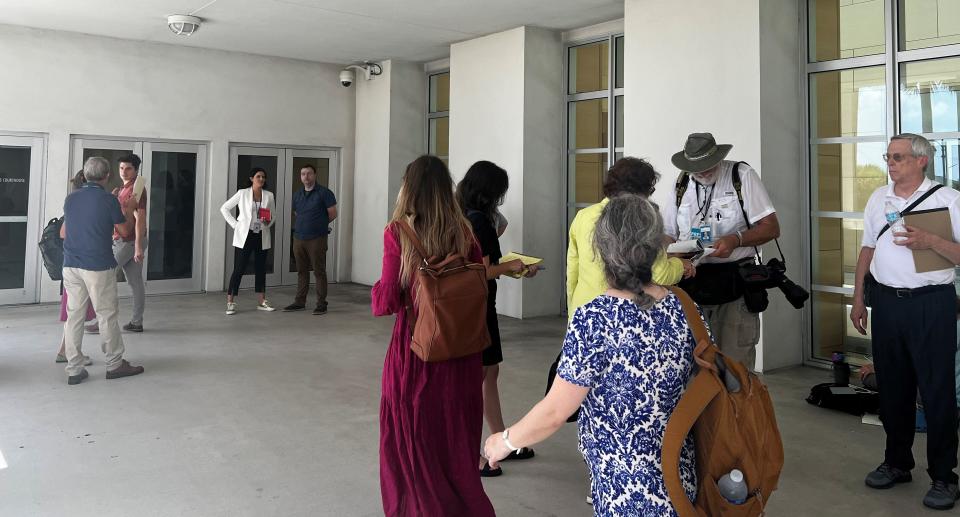 People, mostly media, start going in to the Alto Lee Adams Sr. U.S. Courthouse on U.S. 1 at Orange Avenue in Fort Pierce. They are allowed in starting at noon for the 2 p.m. pretrial hearing where attorneys will discuss how documents containing sensitive information will be handled and presented at the criminal trial and discussion of a trial date. Lawyers for former President Donald Trump and codefendant Waltine "Walt" Nauta, his valet, are expected to attend the hearing.