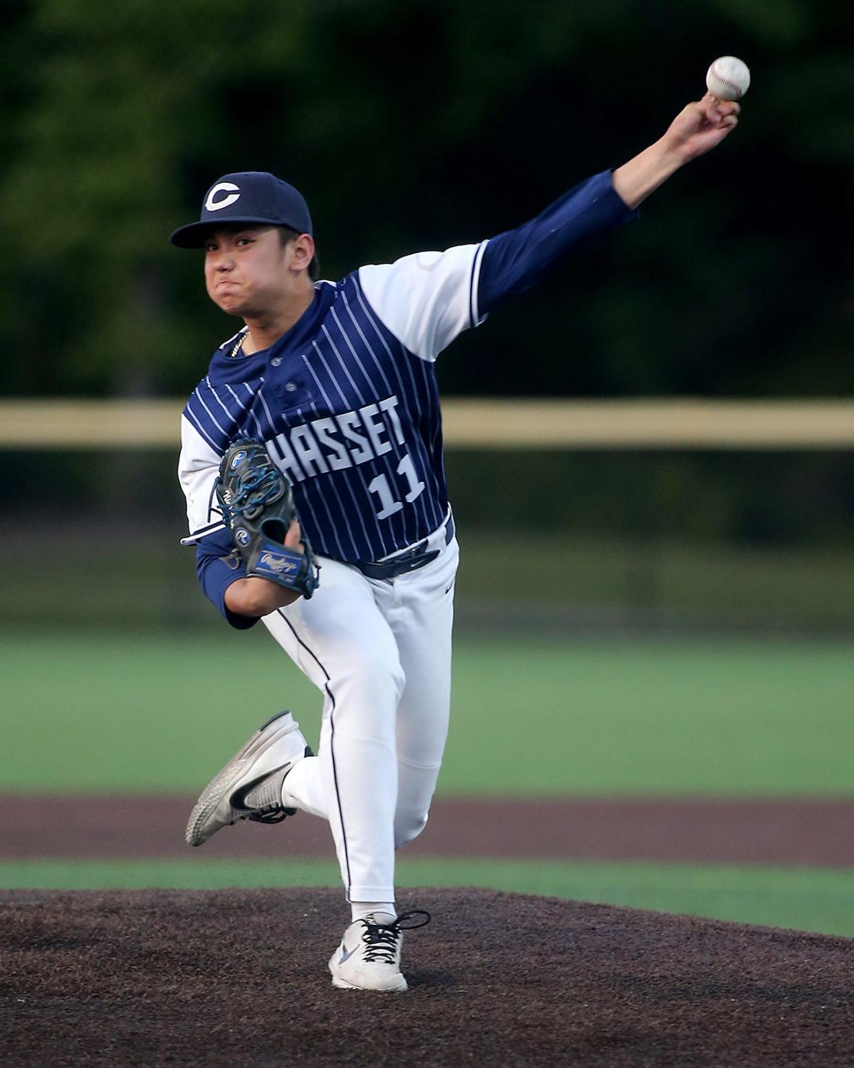 Cohasset's Luc Lefevre throws a pitch during the bottom of the fourth inning of their game against Scituate at Scituate High on Friday, May 26, 2023. Cohasset would win 7-6 after a play at the plate ended the game. 