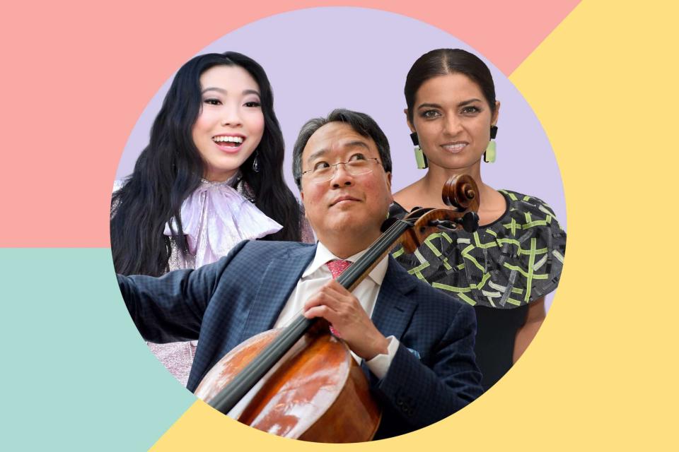 An image of Awkwafina, Yo-Yo Ma, and Jhumpa Lahiri on a colorful background.