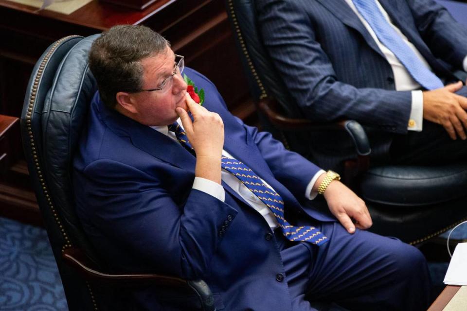 Rep. Randy Fine listens to Speaker Paul Renner as he gives his opening remarks on the first day of the 2023 Florida Legislative Session, Tuesday, March 7, 2023. Alicia Devine/Tallahassee Democrat / USA TODAY NETWORK