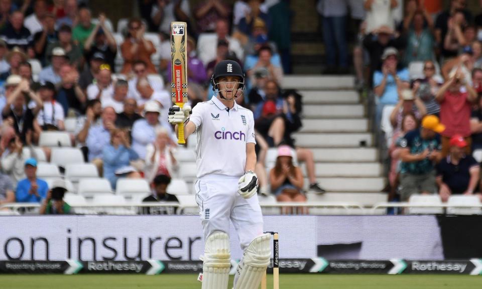 <span>England’s Harry Brook celebrates his half century against West Indies at Trent Bridge.</span><span>Photograph: Rui Vieira/AP</span>