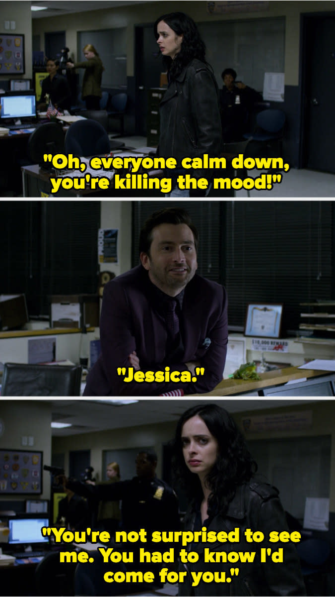 In the police station, everyone points guns at each other. Kilgrave stands to reveal himself and tells everyone to calm down, then remarks Jessica isn't surprised to see him
