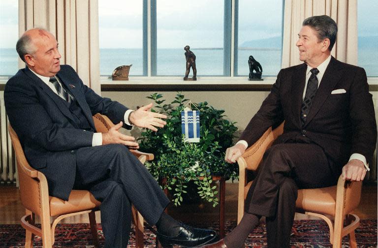 Former Soviet leader Mikhail Gorbachev (right) talks with late US president Ronald Reagan in Reykjavik in October 1986