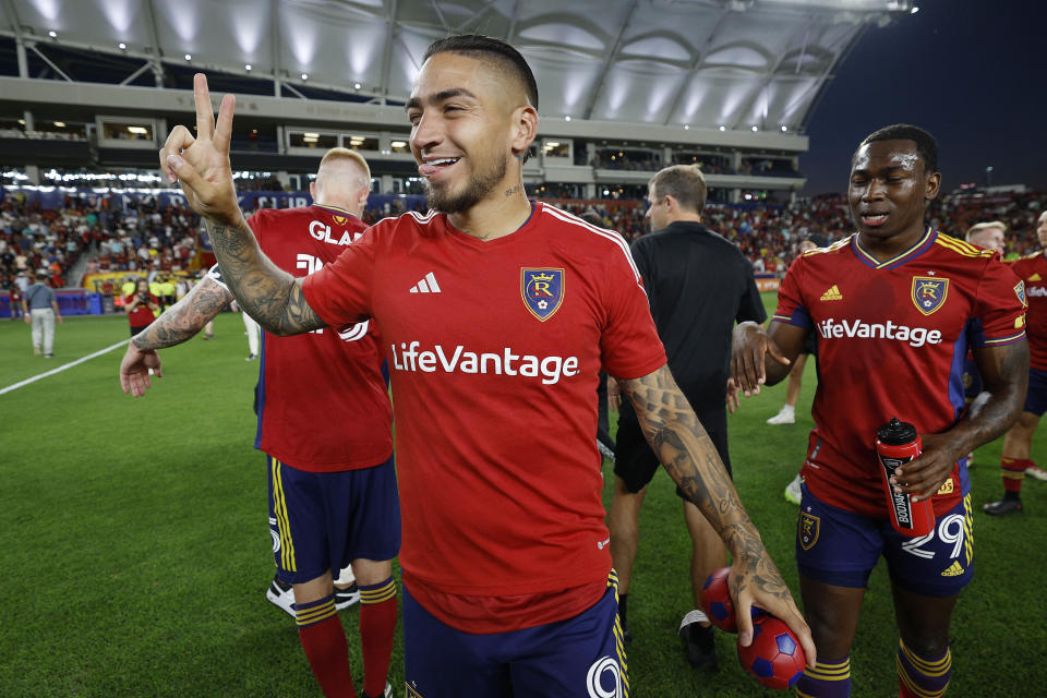 Jul 8, 2023; Sandy, Utah, USA; Real Salt Lake forward Chicho Arango (9) celebrates after their 4-0 win against the Orlando City at America First Field. Mandatory Credit: Jeff Swinger-USA TODAY Sports