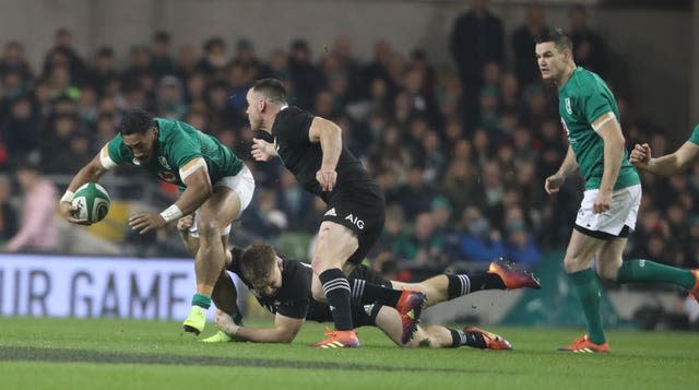 Bundee Aki, left, helped Ireland beat New Zealand in 2018