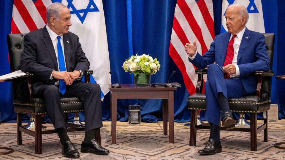 PHOTO: President Joe Biden meets with Israeli Prime Minister Benjamin Netanyahu on the sidelines of the 78th United Nations General Assembly in New York City, Sept. 20, 2023. (Jim Watson/AFP via Getty Images)