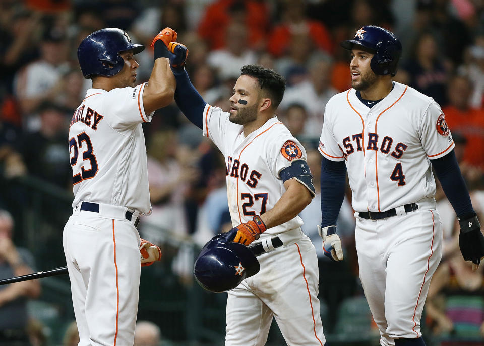 The Astros hit seven homers in a 15-0 thumping of the A's on Monday night. (Photo by Bob Levey/Getty Images)