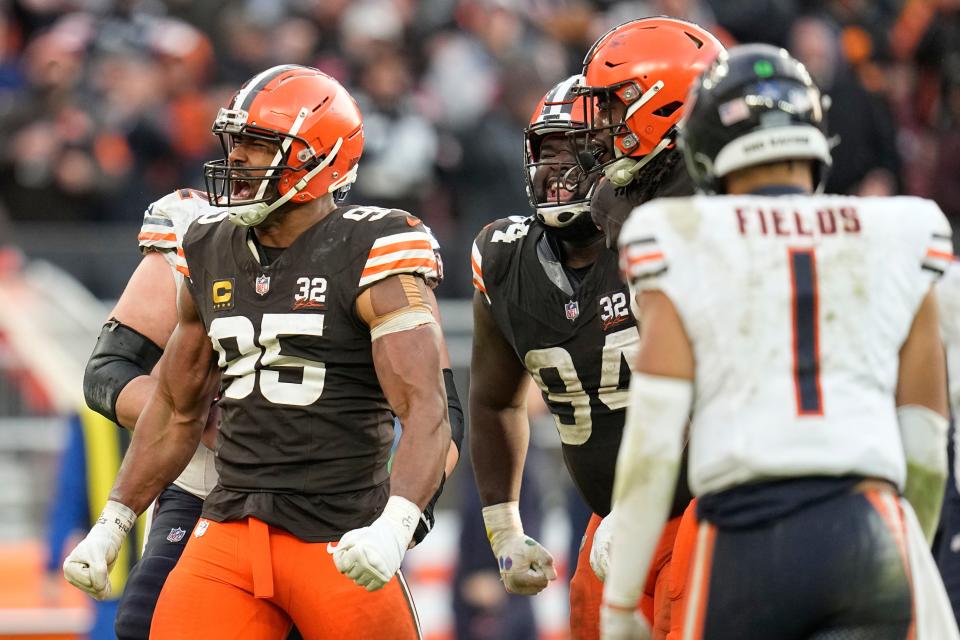 Browns defensive end Myles Garrett celebrates after a second-half tackle against the Bears, Sunday, Dec. 17, 2023, in Cleveland.