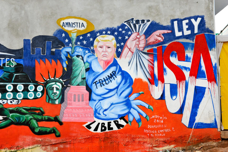 Detail of the mural paint made by Mexican artist Luis Sotelo called 'We are migrants not criminals' (Somos migrantes no delincuentes) in Tonatico, Mexico, on 25 June 2016. The mural is part of the cultural movement 'Stop Trump'.