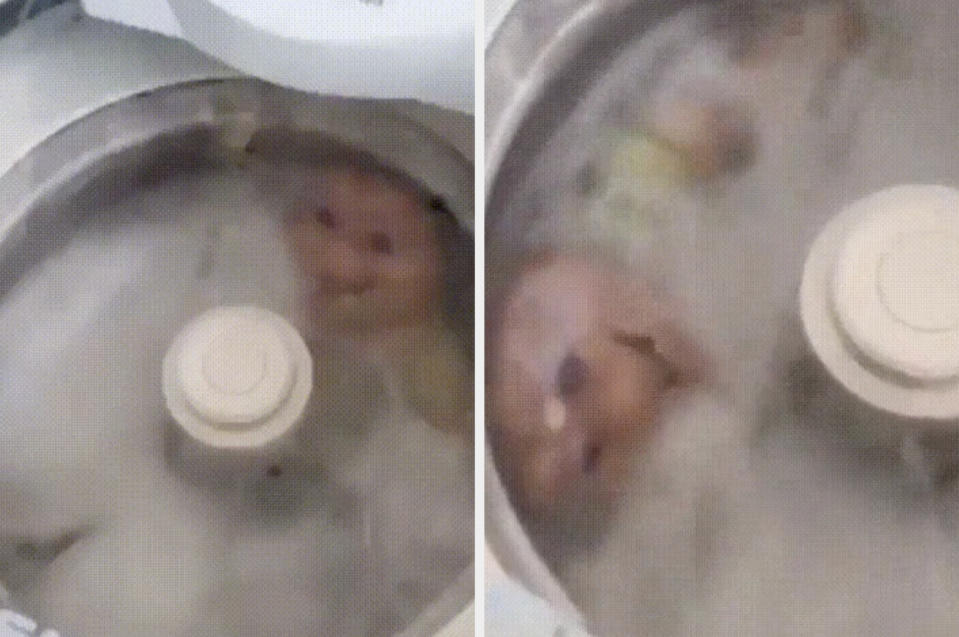 Two images of a washing machine in which a toy doll is being washed. The doll appears to be immersed in soapy water