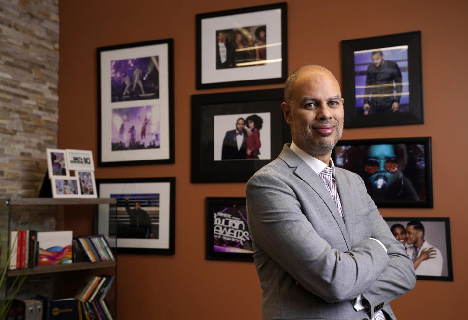 Jesse Collins, producer of the 63rd Grammy Awards, poses for a portrait in his company's offices, Friday, March 5, 2021, in Los Angeles. (AP Photo/Chris Pizzello)