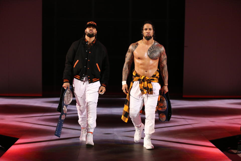WWE Smackdown Live Tag Team Champions Jimmy and Jey Uso walk to the ring. (Photo courtesy of WWE)