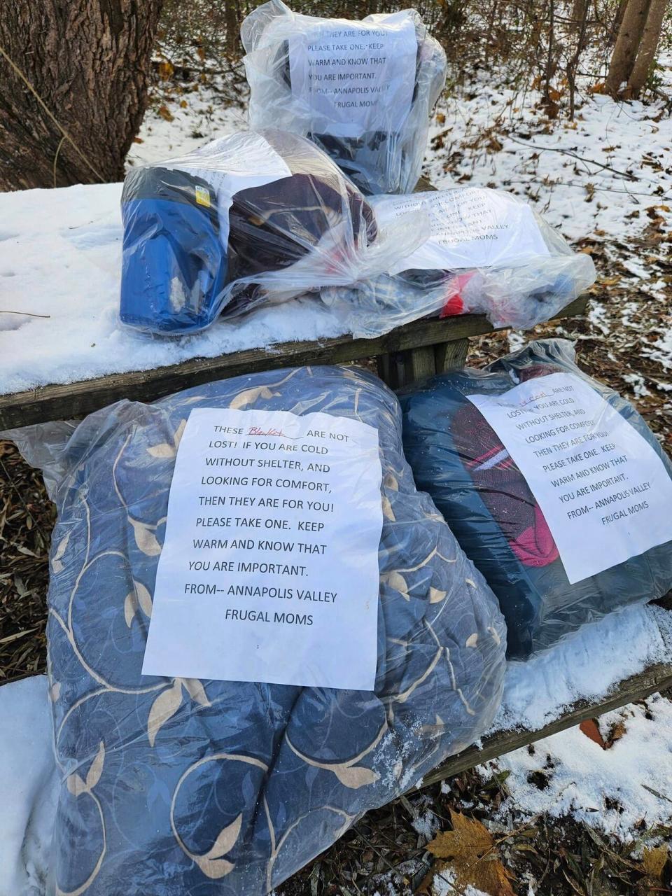 These bags of blankets were left for people experiencing homelessness in the Annapolis Valley. 