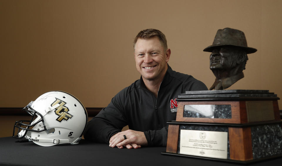 Nebraska football coach Scott Frost, formerly with Central Florida, poses with the Paul “Bear” Bryant award ahead of the 32nd annual Paul “Bear” Bryant Awards, Wednesday, Jan. 10, 2018, in Houston. (Karen Warren/Houston Chronicle via AP)