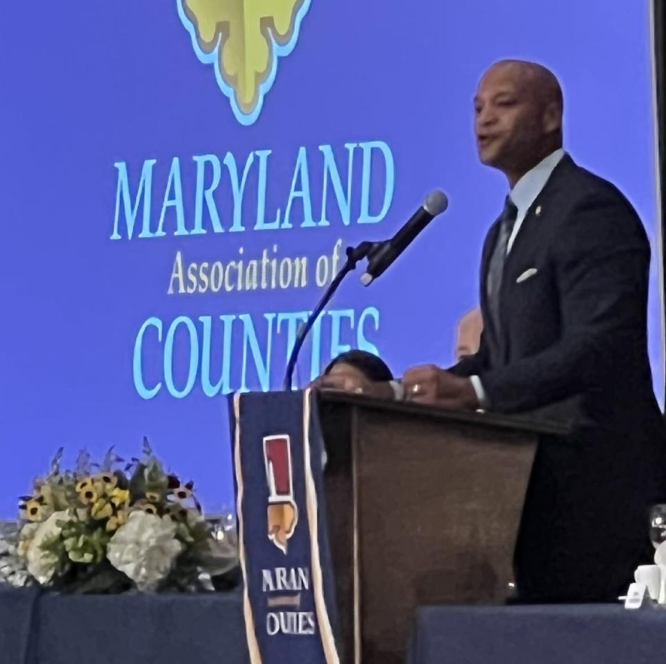 Maryland Gov. Wes Moore speaks at the Maryland Association of Counties winter conference in Cambridge on Dec. 7, 2023.