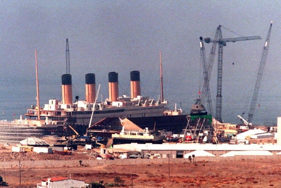 Full-size mock-up of the Titanic ship set under construction in Baja California, Mexico. It is for the upcoming film 