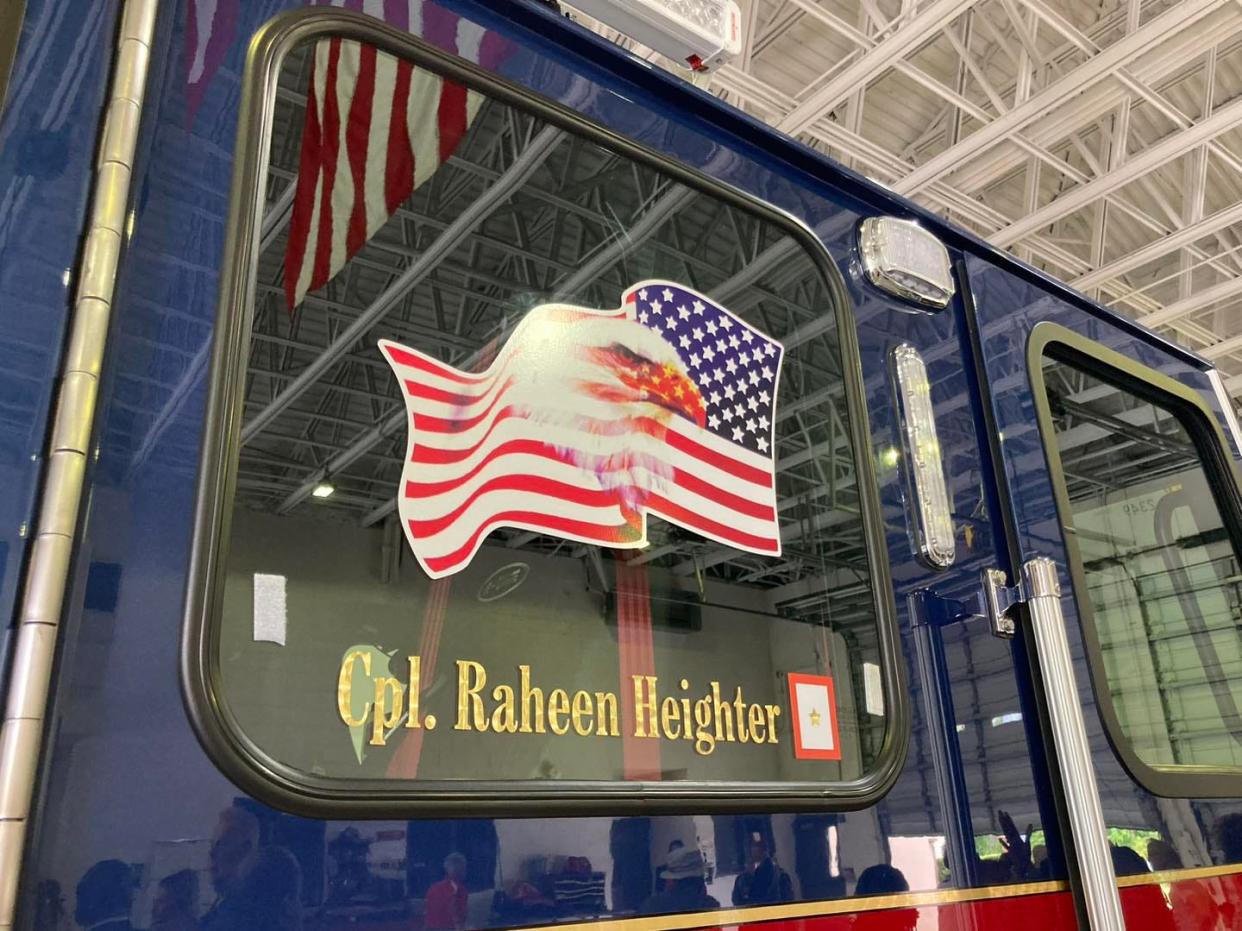 Army Cpl. Raheen Heighter's name was inscribed on a Palm Coast Fire Department fire truck during a Gold Star dedication ceremony on Memorial Day.