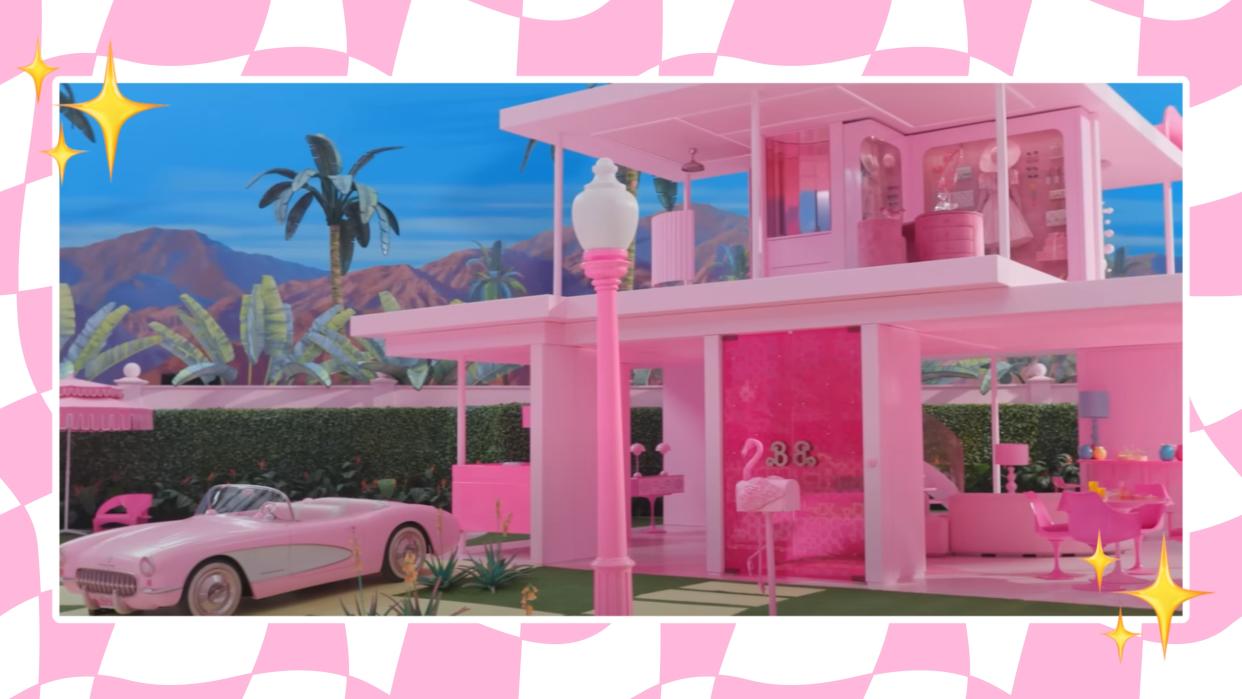  Pink barbie Dreamhouse on pink checkered background 
