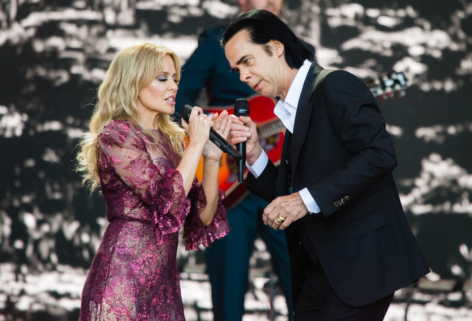 GLASTONBURY, ENGLAND - JUNE 30: Kylie Minogue and Nick Cave perform on the Pyramid Stage on day five of Glastonbury Festival at Worthy Farm, Pilton on June 30, 2019 in Glastonbury, England. (Photo by Samir Hussein/WireImage)