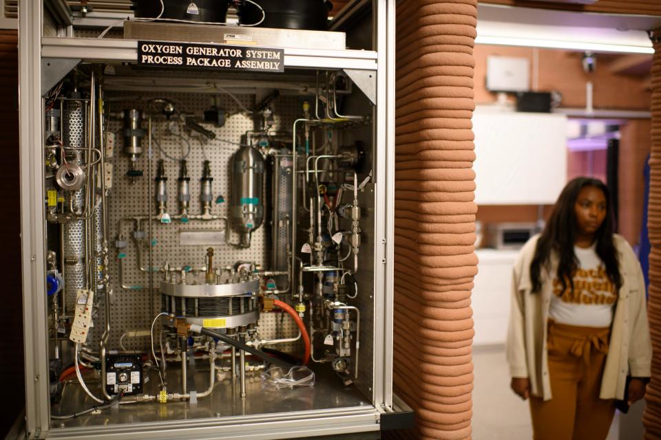 The oxygen generator system inside of CHAPEA's Mars Dune Alpha at the Johnson Space center in Houston, Texas on April 11, 2023.