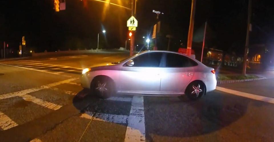 A silver Hyundai involved in a fatal crash in Glen Ridge on  May 10, 2022 is seen here in a  screengrab from a Montclair Police Department officer's body camera.