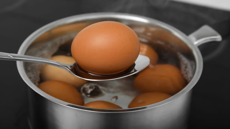 pot of hard-boiled eggs in water