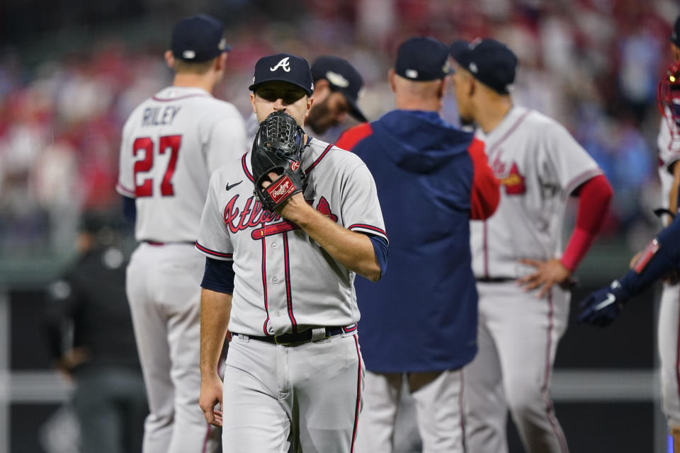 Atlanta Braves pitcher Jake Odorizzi (12) is taken out the game during the seventh inning in Game 3 of baseball's National League Division Series against the Philadelphia Phillies, Friday, Oct. 14, 2022, in Philadelphia. (AP Photo/Matt Slocum)