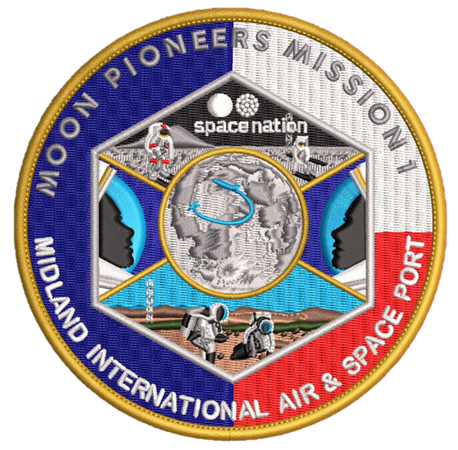 A mission patch showing a spacecraft on Earth