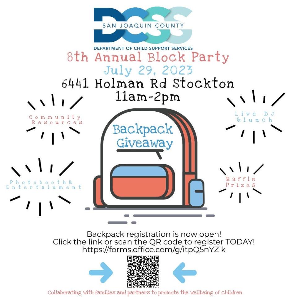 Flyer for the San Joaquin County Department of Child Support Services' 8th Annual Block Party.