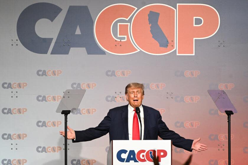 Anaheim, California - September 29: Former U.S. President Donald Trump delivers an address during the California Republican Convention on Friday, Sept. 29, 2023, in Anaheim, California. (Wally Skalij / Los Angeles Times)