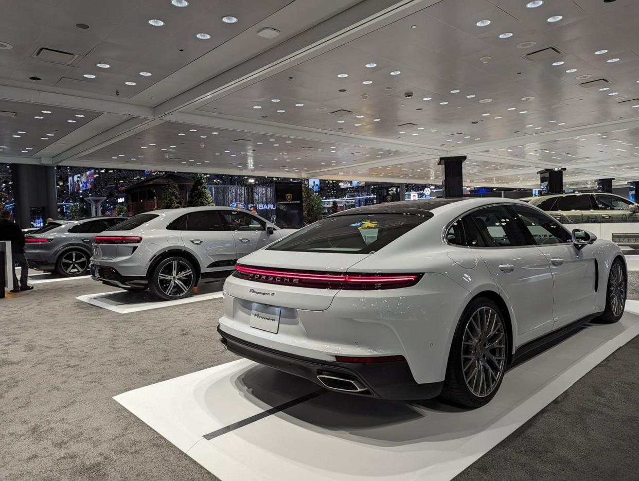 PHOTO: Porsche vehicles are seen at the 2024 New York International Auto Show, March 28, 2024, in New York. The carmaker is a member of the eFuels Alliance. (Michael Dobuski/ABC News)