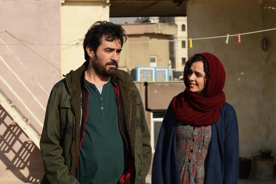 This image released by Cohen Media Group/Amazon Studios shows Taraneh Alidoosti, right, and Shahab Hosseini in a scene from, "The Salesman." (Habib Majidi/Cohen Media Group/Amazon Studios via AP)